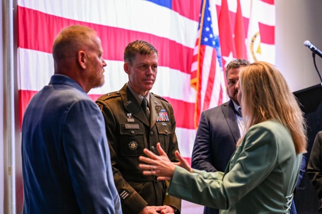 U.S. Army Brig. Gen. Allen J. Pepper, U.S. Army Security Assistance Command commanding general, speaks with defense industry stakeholders at the North Alabama International Trade Association's Foreign Military Sales Industry Day summit in...