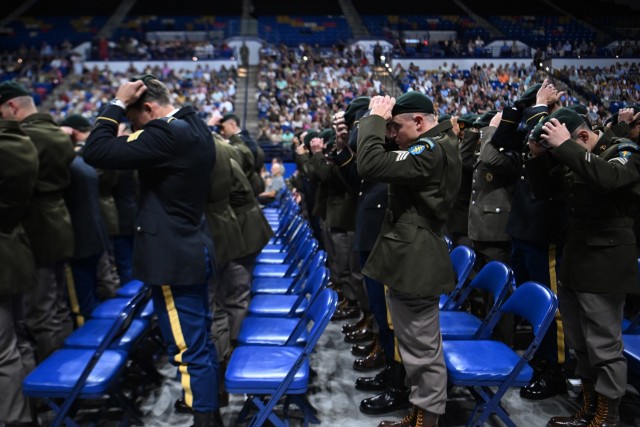 Students from the U.S. Army John F. Kennedy Special Warfare Center and School don the Green Beret for the first time during a graduation ceremony and Regimental First Formation at the Crown Coliseum in Fayetteville, North Carolina, Aug. 28, 2025....
