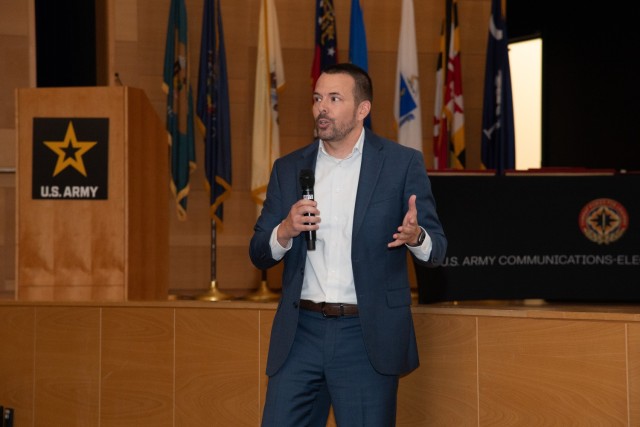 Garret Shoemaker, director of the Communications-Electronics Command Software Engineering Center, speaks at the CECOM Town Hall July 29, 2025 at Aberdeen Proving Ground, Maryland.