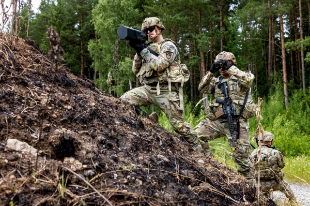 Army Staff Sgt. Michael Lezama and his squad use a Dronebuster to simulate taking down an unmanned aircraft system during training at U.S. Army Garrison Bavaria, Germany, July 8, 2025.