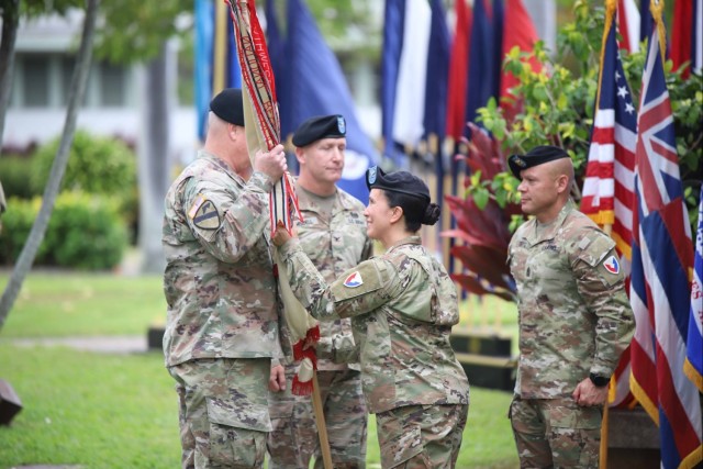 402nd AFSB commander Col. Courtney Sugai relinquishes command to Col. Matthew Amsdell in change of command ceremony