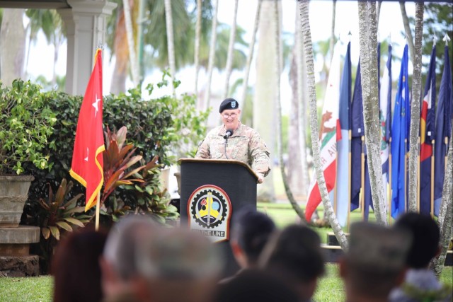 402nd AFSB commander Col. Courtney Sugai relinquishes command to Col. Matthew Amsdell in change of command ceremony