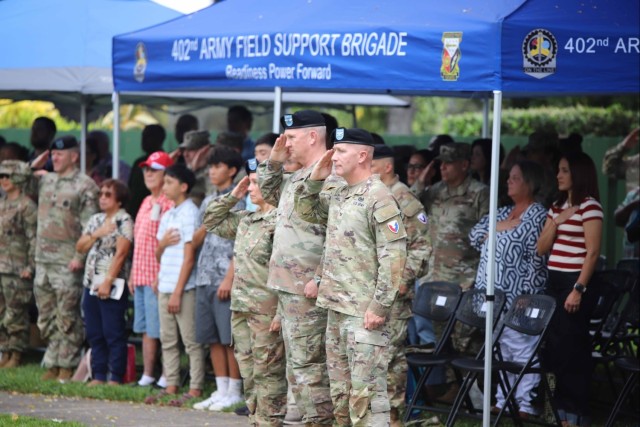 402nd AFSB commander Col. Courtney Sugai relinquishes command to Col. Matthew Amsdell in change of command ceremony