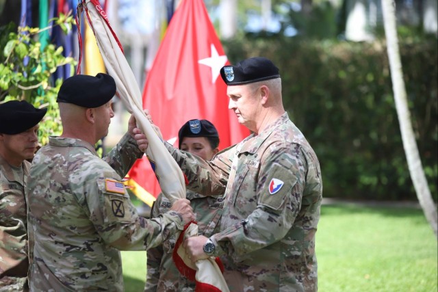 402nd AFSB commander Col. Courtney Sugai relinquishes command to Col. Matthew Amsdell in change of command ceremony