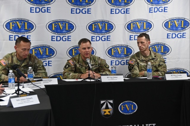 PEO Aviation Program Executive Officer Brig. Gen. David Philips (left); Future Vertical Lift Cross Functional Team (CFT) Director Brig. Gen. Cain Baker (center); and Long Range Precision Fires CFT Director Brig. Gen. Rory Crooks (right) speak at a...