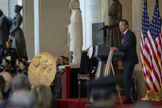 Defense Secretary Pete Hegseth delivers remarks at a Congressional Gold Medal ceremony honoring the 369th Infantry Regiment of the New York National Guard in Washington, Sept. 3, 2025.