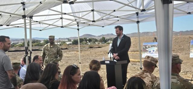 Branden Clemens, Michael&#39;s Organization, welcomed attendees of the Fort Irwin Apartments ground-breaking ceremony on Fort Irwin, California, Sept. 3, 2025. The Fort Irwin Apartments is a new initiative by the U.S. Army to provide the very best...