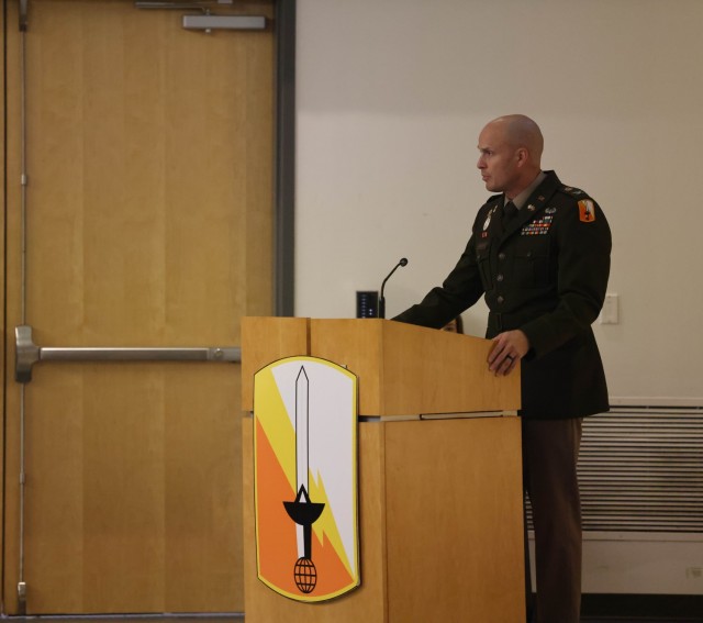 Col. John Sanders, 21st Theater Signal Brigade Commander, makes remarks at the Brigade&#39;s change of responsibility ceremony on Ft. Detrick Friday, Sept. 5, 2025.