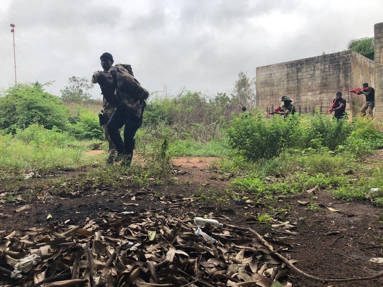 U.S. Soldiers assigned to the Civil Affairs Battalion, U.S. Army Southern European Task Force, Africa (SETAF-AF), observe members of Côte d’Ivoire’s national assault police unit, known as Force de Recherche et d'Assaut de la Police, conducting close-quarters battle training in Korhogo, Cote d'Ivoire, July 14, 2025. The exchange provided the civil affairs team with a greater understanding of the unit's tactical procedures and capabilities, strengthening the relationship between the two units. (U.S. Army courtesy photo)