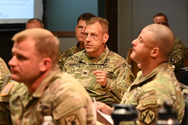 1st Engineer Brigade Commander Col. Mark Glaspell asks a question during the 2025 U.S. Army Maneuver Support Center of Excellence onsite Sept. 4 at the Pershing Community Center. More than 65 leaders from across Fort Leonard Wood attended the...