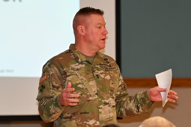 Maj. Gen. Christopher Beck, U.S. Army Maneuver Support Center of Excellence and Fort Leonard Wood commanding general, speaks to more than 65 senior leaders from across Fort Leonard Wood Sept. 4 during MSCoE’s annual onsite at the Pershing...