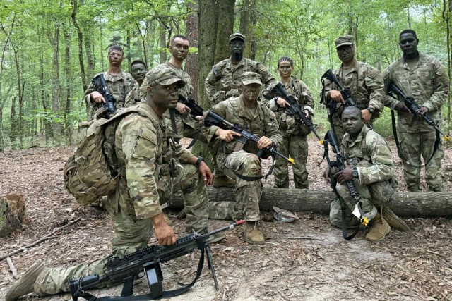 Army 2nd Lt. Darren Greene poses for a squad photo at Officer Candidate School at Fort Benning, Ga., August 2025.