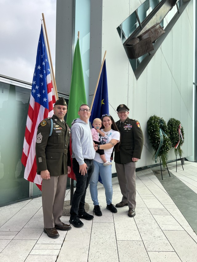 From left, USAG Italy Command Sergeant Major, Command Sgt. Maj. Ricardo Moreno, Sgt. Jakia Dotson, Oakley, Vanessa Dotson, USAG Italy Commander, Col. Vaughn Strong at 'Memory and Light' 9/11 memorial ceremony in Padova, Italy, Sept. 11, 2025.