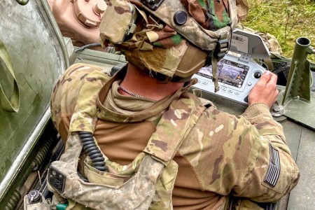 Sgt. David Miller from C-Co. 1st Squadron, 2nd Cavalry Regiment looks for enemy vehicles on his drone tablet display during Saber Junction 25, at the Joint Multinational Readiness Center (JMRC) at Hohenfels, Germany Sept. 10, 2...