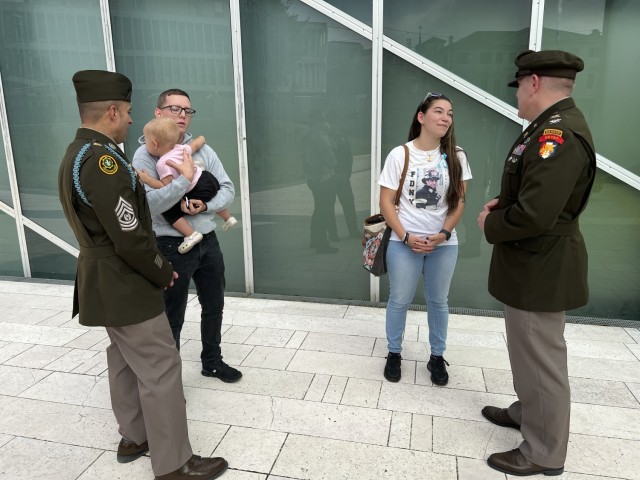 From left, USAG Italy Command Sergeant Major, Command Sgt. Maj. Ricardo Moreno, Sgt. Jakia Dotson, Oakley, Vanessa Dotson, USAG Italy Commander, Col. Vaughn Strong at 'Memory and Light' 9/11 memorial ceremony in Padova, Italy, Sept. 11, 2025.