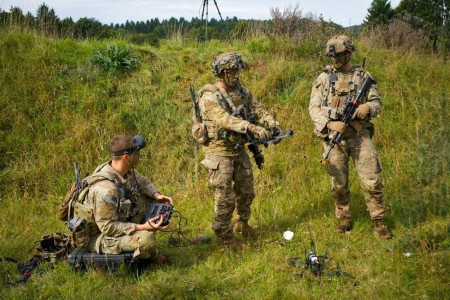 U.S. Soldiers assigned to the 2d Cavalry Regiment prepare to fly a first-person view drone during Saber Junction '25 (SJ25) on the Hohenfels, Germany, Sept. 9, 2025. Soldiers within the unit developed Purpose Built Attritab...