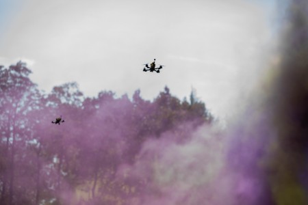 Unmanned aircraft systems fly overhead during Exercise Thunderstruck 2.0 at Camp Gruber Training Center near Braggs, Oklahoma, on September 13, 2025. The exercise tested concepts for countering an evolving threat environment. It drew visitors from...