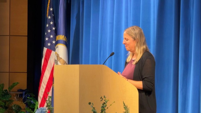 DoDEA Director Dr. Beth Schiavino-Narvaez Addresses Crowd Before Ribbon-Cutting at DoDEA Fort Campbell Middle School