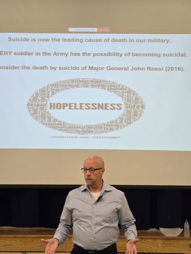 David Woody Bartley, inspirational speaker and mental health advocate, speaks to leaders from the 101st Airborne Division (Air Assault) during a Senior Leader Development Program (SLDP) at Fort Campbell, Ky., Sept. 12, 2025