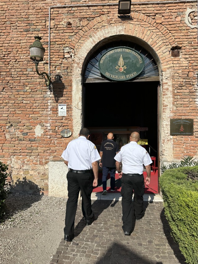 The fire department command team from U.S. Army Garrison Italy, Directorate of Emergency Services, visited the Italian National Historical Museum of the Firefighters in Mantua, Italy, Sept. 19, 2025. The museum is housed in the former stables and...