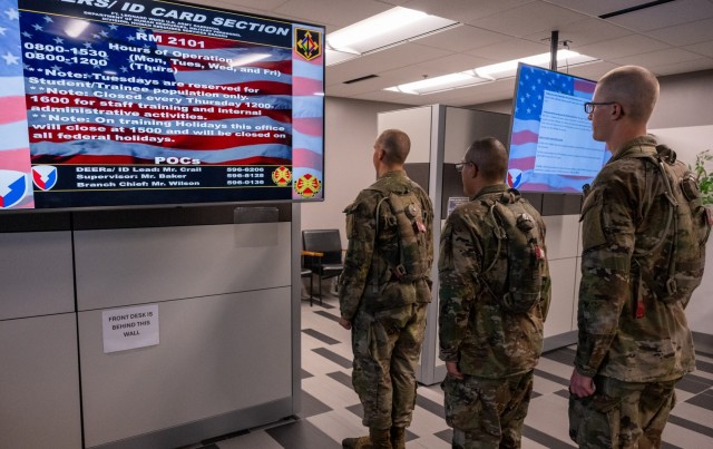 Soldiers with Company E, 31st Engineer Battalion, line up Sept. 24 at Fort Leonard Wood’s ID Card Office in Bldg. 470.