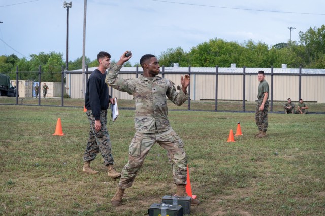 Military Police Warfighter competitor, Spc. Jordan Ross, participates in a Marine Corps Combat Fitness Test Sept. 20 at Training Area 122.