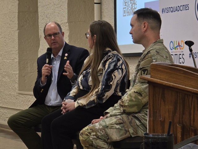 Dave Herrell, President and CEO of Visit Quad Cities, speaks on the impact and value of Rock Island Arsenal to the greater QC area and region during an Accelerate Visit Quad Cities event held Sept. 23 on Rock Island Arsenal, Ill.