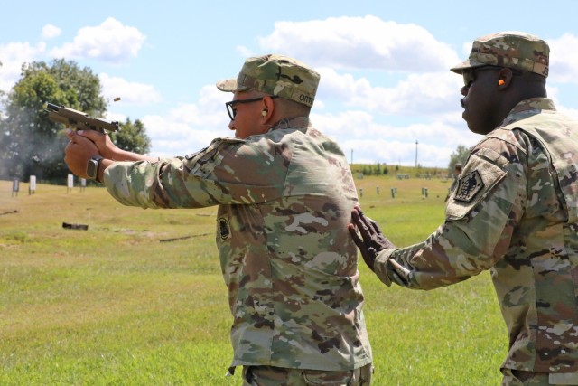 Sgt. 1st Class John Ortega, a talent manager assigned to U.S. Army Human Resources Command fires a weapon at the range as part of the HRC Noncommissioned Officer of the Year competition. The competition consisted of various warrior task and drill...