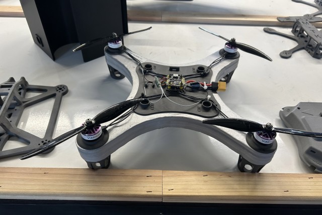 A small, 3D-printed foam drone is built on a table inside a lab at the Joint Counter-Small Unmanned Aircraft System University at Fort Sill, Okla.