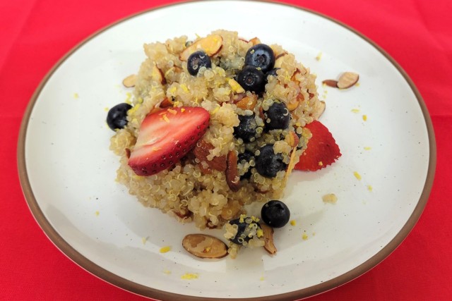 A quinoa and almond berry salad dressed with lemon and honey is one of many new recipes that food technologists at the Armed Forces Recipe Service at the Army Combat Capabilities Development Command Soldier Center in Natick, Mass., created to...