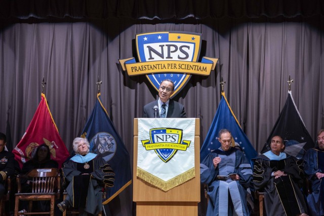 Naval Postgraduate School (NPS) Hall of Fame alumnus retired U.S. Navy Adm. Cecil D. Haney delivers the keynote address at NPS' 2025 Winter Quarter commencement ceremony.
