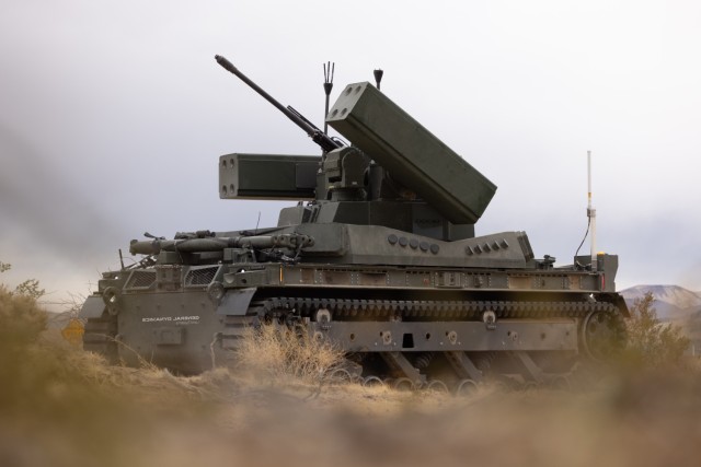 The M-SHORAD Human Integration Machine (HMI) demonstrates its capabilities during a demonstration at Project Convergence-Capstone 5 (PC-C5) on Fort Irwin, Calif., in March 2025. PC-C5 serves as a venue for Joint and Multinational allies and...