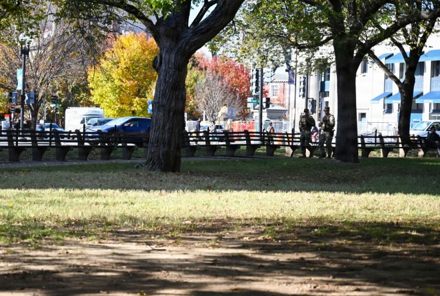 U.S. Army Spc. Ayden Holbert and Pfc. Daniel Tippett conduct a presence patrol in Dupont Circle, Washington, D.C., Nov. 3, 2025. About 2,400 National Guard members support the D.C. Safe and Beautiful mission, assisting the Metropolitan Police...