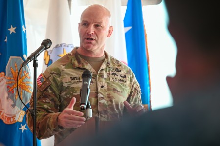 U.S. Army Brig. Gen. Matt Ross, Joint Interagency Task Force 401 (JIATF 401), speaks at Falcon Peak 25.2, the North American Aerospace Defense Command (NORAD) and U.S. Northern Command (USNORTHCOM) experimentation event to advance and test...