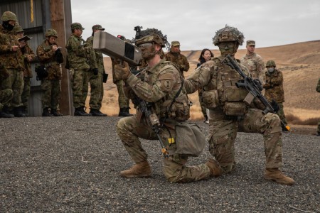 U.S. Soldiers, assigned to 7th Infantry Division, demonstrate Counter Unmanned Aerial Systems capabilities to the Japanese Self Defense Force Members during Rising Thunder 25, Yakima Training Center, Wash., on Oct. 28, 2025. Rising Thunder is a...