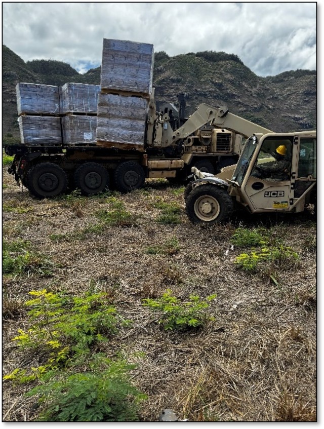 Soldier from Alpha Company, 225 Light Support Battalion, 2/25ID, downloads CLI rations at the BSA Food Ration Breakpoint at Dillingham Army Airfield, Oahu, during Nakoa Fleek, August 2024.