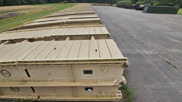 Storage of bridge spanners as part of the bridging operational project located at the APS Site at AFSBn BENELX at Zutendaal, Belgium, Aug. 12, 2025.