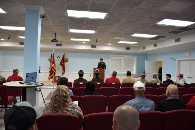 Col. Russell Henry, commander, 596th Transportation Brigades thanks the small crowd for attending the ceremony to honor the 70th Anniversary of Military Ocean Terminal Sunny Point.