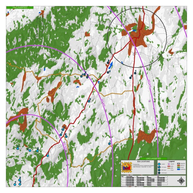 Map depicting 1AD BCT BSA locations at 72-96-120 hrs. Helps deconflict and prevent BCTs from using the same area when establishing their BSA. Used and published after every Sustainment Working Group.