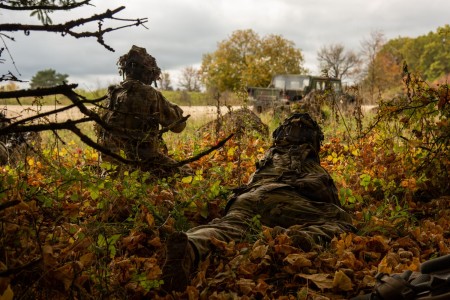 U.S. Soldiers assigned to the 1st Battalion, 502nd Infantry Regiment, 2nd Brigade Combat Team, 101st Airborne Division (Air Assault), engage with opposition forces during exercise Combined Resolve 26-1 in the Hohenfels Training Area, Germany, Oct. 17. 2025. Exercise Combined Resolve 26-1, through JMRC, provides 101st with tailored inputs that reflect the complexities and lessons learned from current large scale ground combat operations happening in this theater.