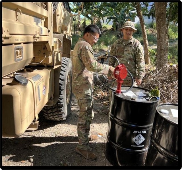 Soldiers from a combat logistics platoon in the General Support Company, 225 Light Support Battalion, conduct retail fuel operations at a fuel supply point at Fort Magsaysay, Luzon, Philippines, April 2025.