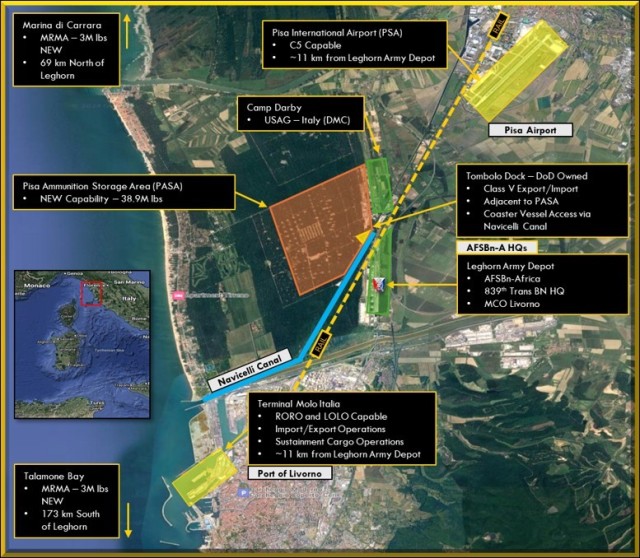 Aerial map of how important LAD is in connecting Livorno seaport to Pisa Airport through the rail system. Thus emphasizing the speed and security LAD provides to equipment coming off the vessel, getting repaired or prepped for air load at Pisa...