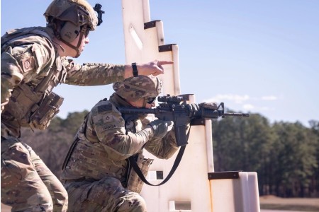 Paratroopers assigned to the 82nd Airborne Division qualify with the M4 carbine at Range 43 at Fort Bragg, North Carolina, March 6, 2025. Weapons qualification validates a Soldier&#39;s proficiency, ensuring combat readiness and maximizing...