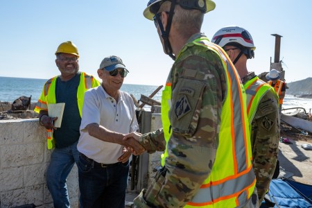 Brig. Gen. William C. "Bill" Hannan, Jr., the commander of the U.S. Army Corps of Engineers Task Force Phoenix Southern California Wildfire Recovery Mission and Col. Brian D. Sawser, commander of the USACE Emergency Fie...