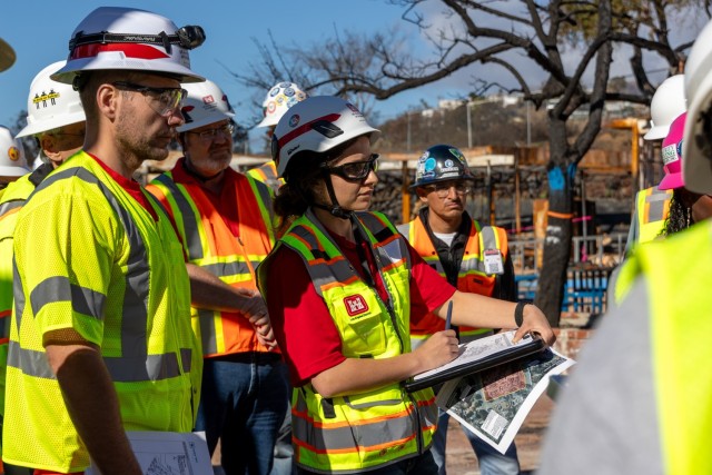 U.S. Army Corps of Engineers personnel review site plans and assess fire damage at Marquez Elementary in Pacific Palisades, California, on March 2, 2025. USACE is working closely with local, state, and federal partners to ensure debris removal...