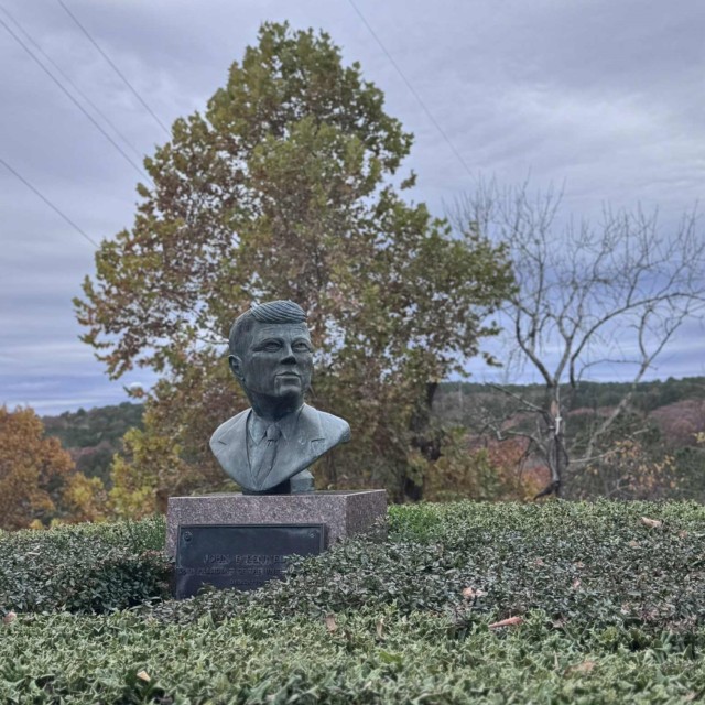 Bust of President John F. Kennedy stands at the JFK Overlook at Greers Ferry Dam