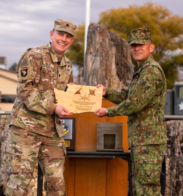 Lt. Col. Kevin Boldt, left, commander of 2nd Battalion, 3rd Infantry Regiment, 1st Stryker Brigade Combat Team, 7th Infantry Division, and Col. Masahiro Yamashita, commander of the Japan Ground Self-Defense Force 22nd Rapid Deployment Regiment,...
