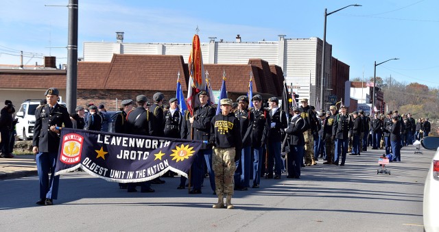 Leavenworth High School Junior ROTC members line up for the Leavenworth County Veterans Day Parade Nov. 11, 2025, in downtown Leavenworth, Kansas. Photo by Emilio Gutierrez/Fort Leavenworth Lamp Intern