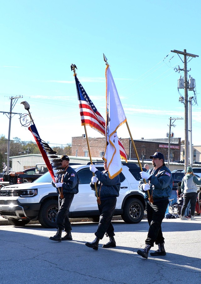 The We-Ta-Se (American Legion Post 410) Color Guard from Mayetta, Kansas, leads the procession of emergency vehicles, floats, riders and other entries in the Leavenworth County Veterans Day Parade Nov. 11, 2025, in Leavenworth, Kansas. Photo by...