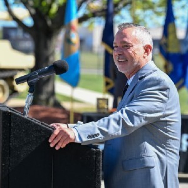Brian D. Butler, deputy to the commander, U.S. Army Tank-automotive and Armaments Command, speaks during the 2025 TACOM Hall of Fame induction ceremony at the Detroit Arsenal.